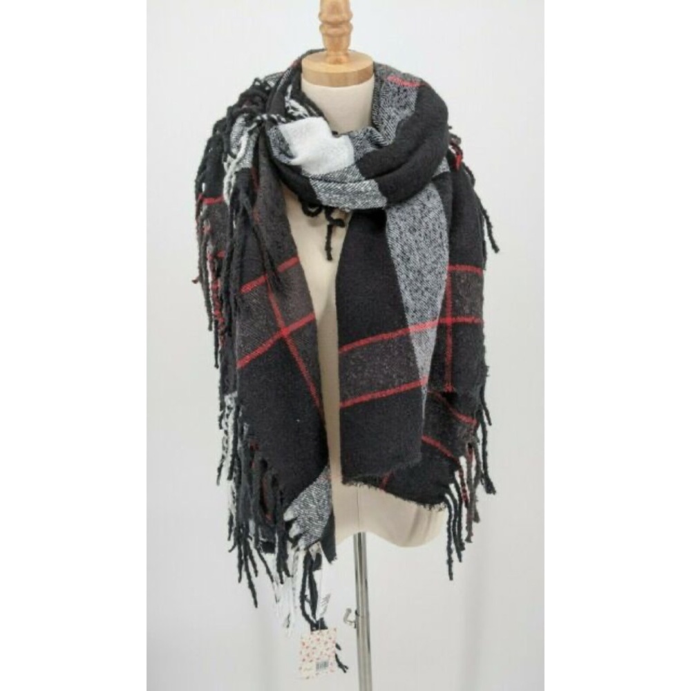 NWT Free People Black Red Plaid Fringe Scarf - Picture 4 of 7
